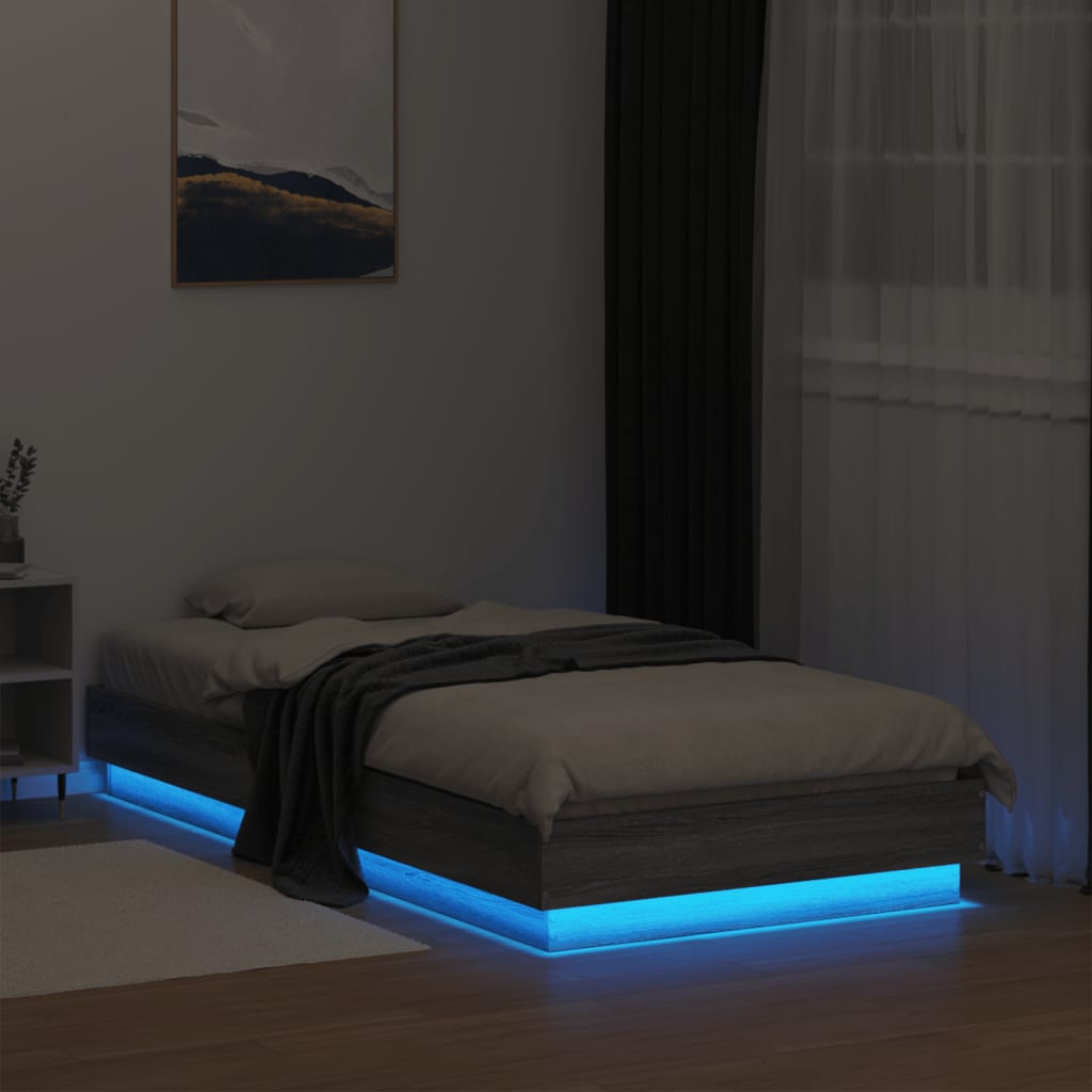 vidaXL Rama łóżka z oświetleniem LED, szary dąb sonoma, 75x190 cm
