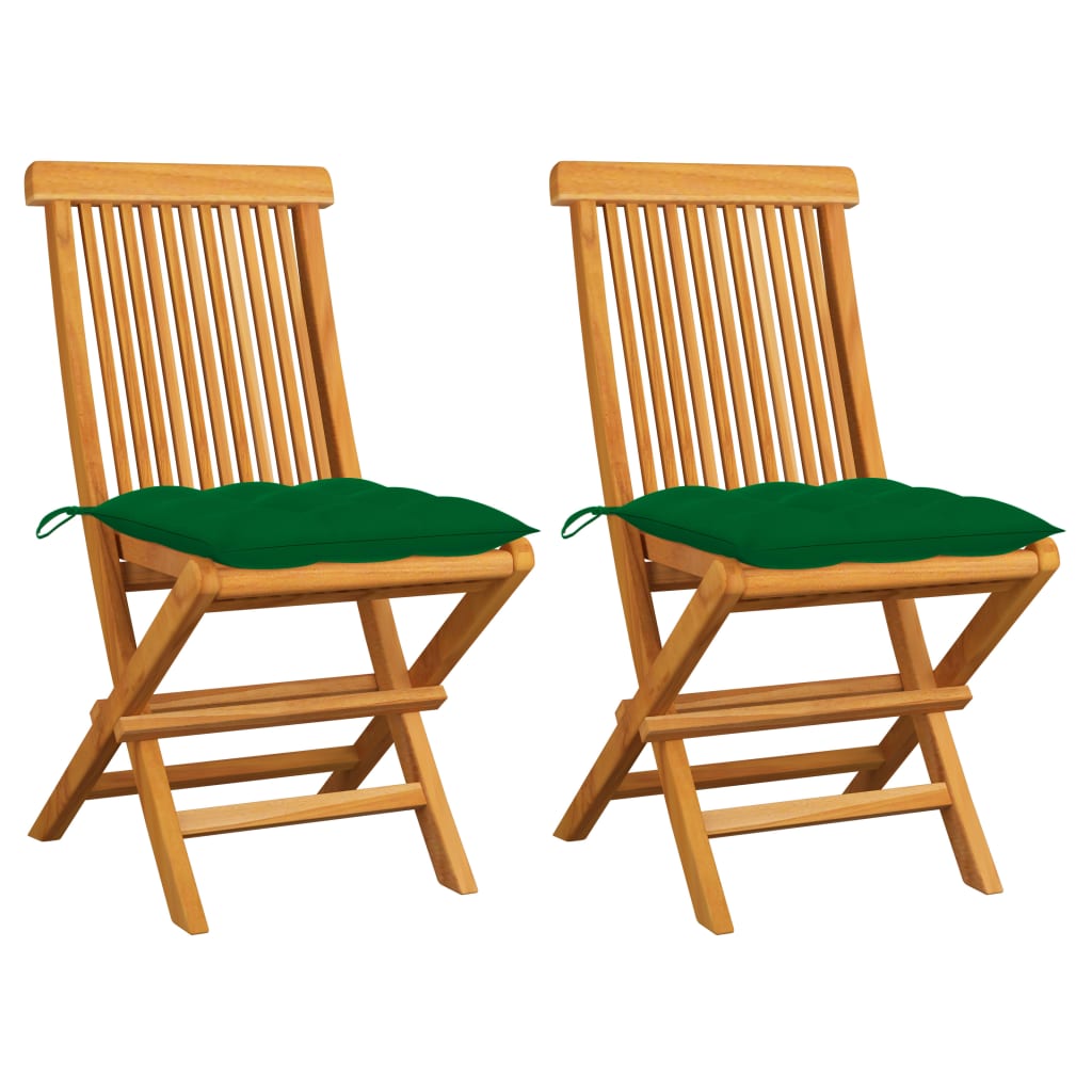 vidaXL Krzesła ogrodowe z zielonymi poduszkami, 2 szt., drewno tekowe