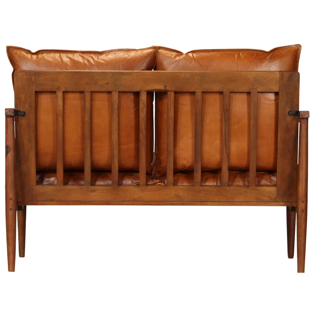 vidaXL 2-osobowa sofa z prawdziwej skóry i drewna akacjowego, brązowa