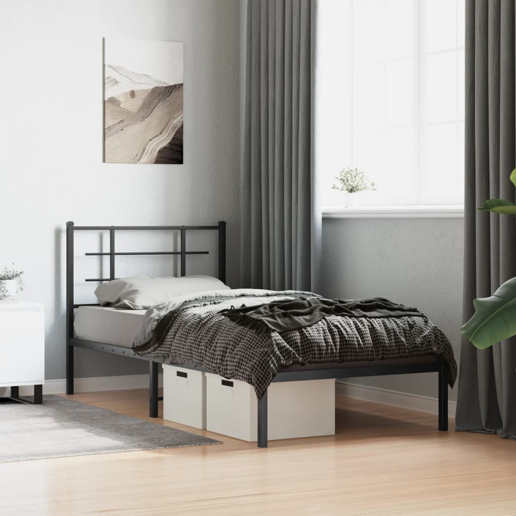 vidaXL Metalowa rama łóżka z wezgłowiem, czarna, 90x190 cm