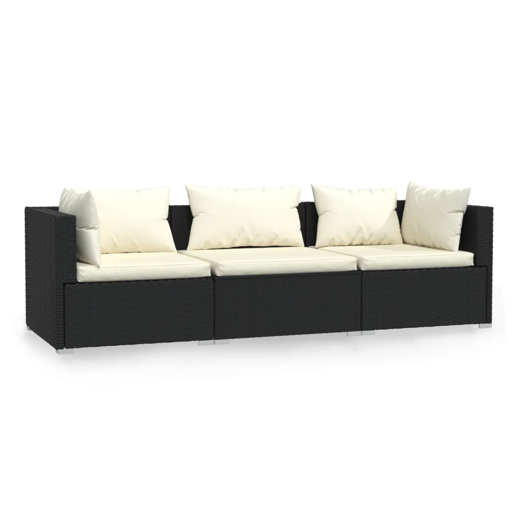 vidaXL 3-osobowa sofa z poduszkami, czarna, polirattanowa