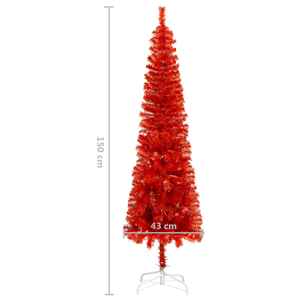 vidaXL Smukła choinka z lampkami i bombkami, czerwona, 150 cm