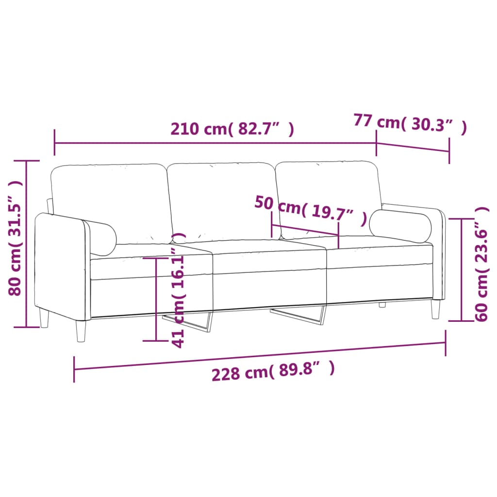 vidaXL 3-osobowa sofa z poduszkami, jasnoszara, 210 cm, aksamit