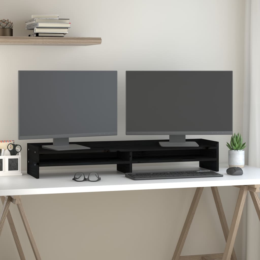 vidaXL Podstawka na monitor, czarna, 100x24x16 cm, lite drewno sosnowe