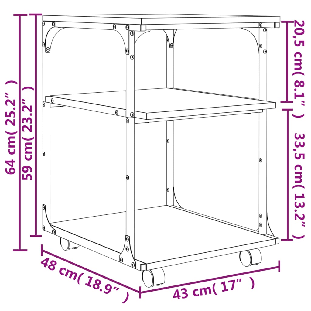 vidaXL Stojak na drukarkę, 3-poziomowy, szary dąb sonoma, 43x48x64 cm