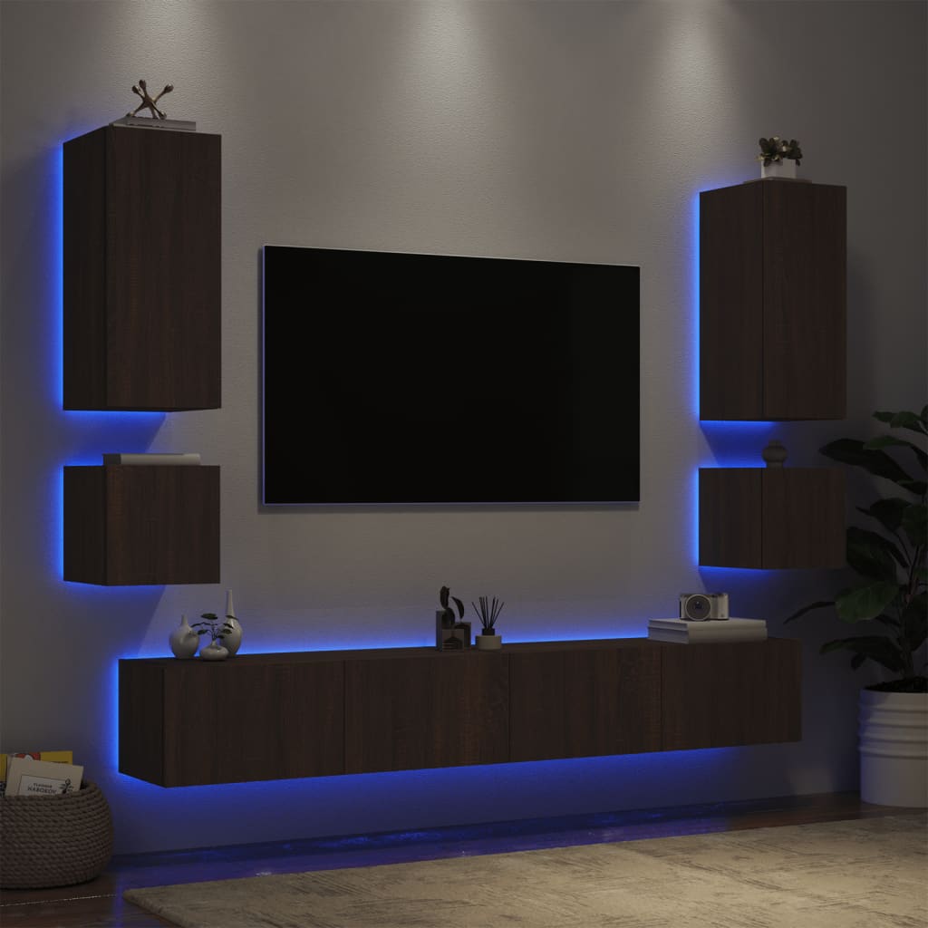 vidaXL 6-cz. zestaw mebli TV z oświetleniem LED, brązowy dąb