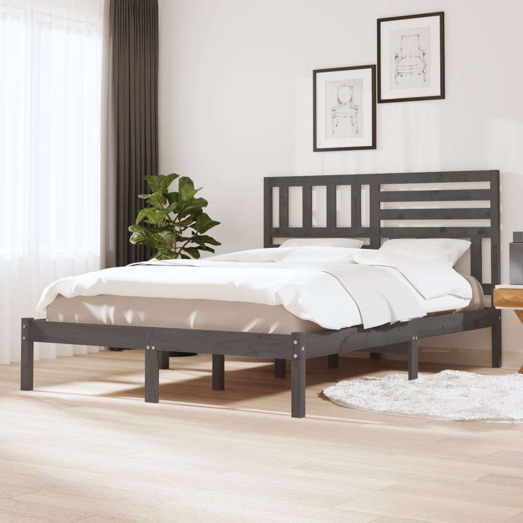 vidaXL Rama łóżka, szara, 135x190 cm, lite drewno sosnowe