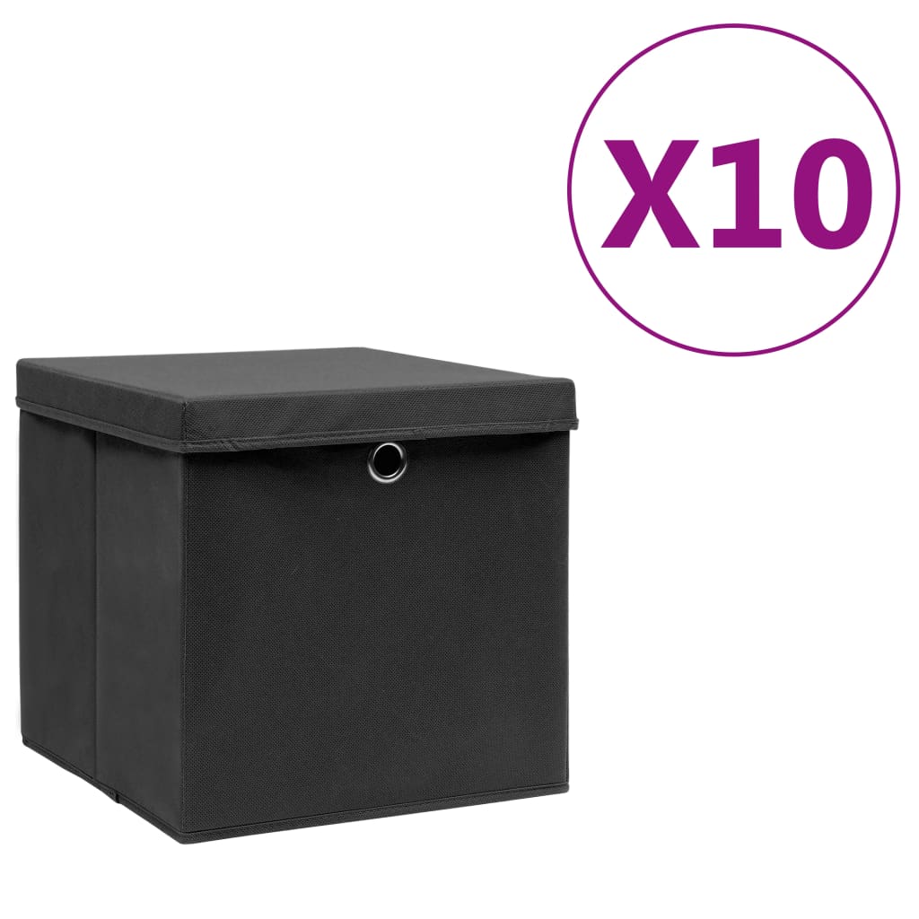 vidaXL Pudełka z pokrywami, 10 szt., 28x28x28 cm, czarne