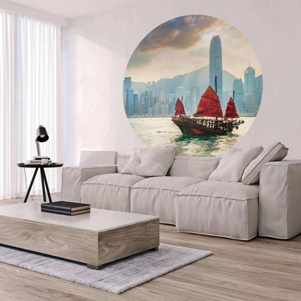 WallArt Okrągła fototapeta Skyline with Junk Boat, 142,5 cm