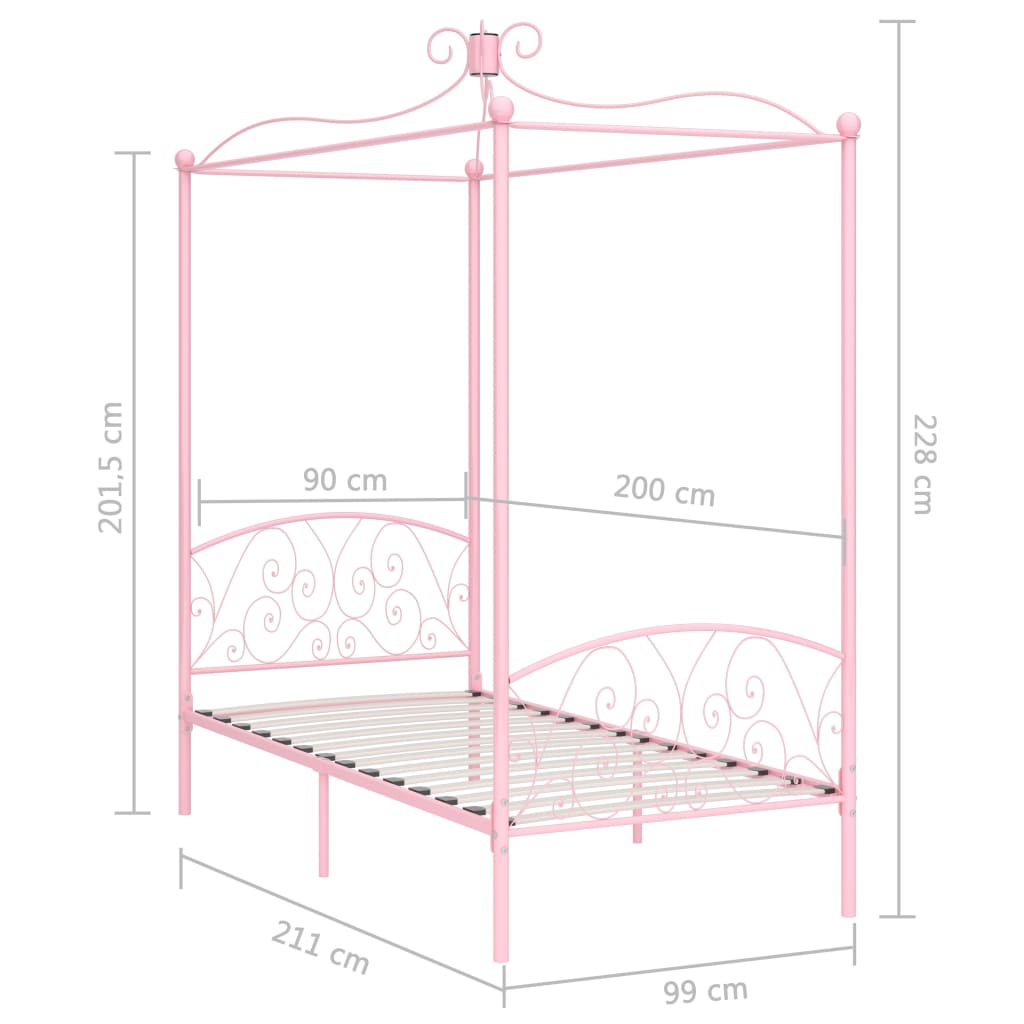 vidaXL Rama łóżka z baldachimem, różowa, metalowa, 90 x 200 cm