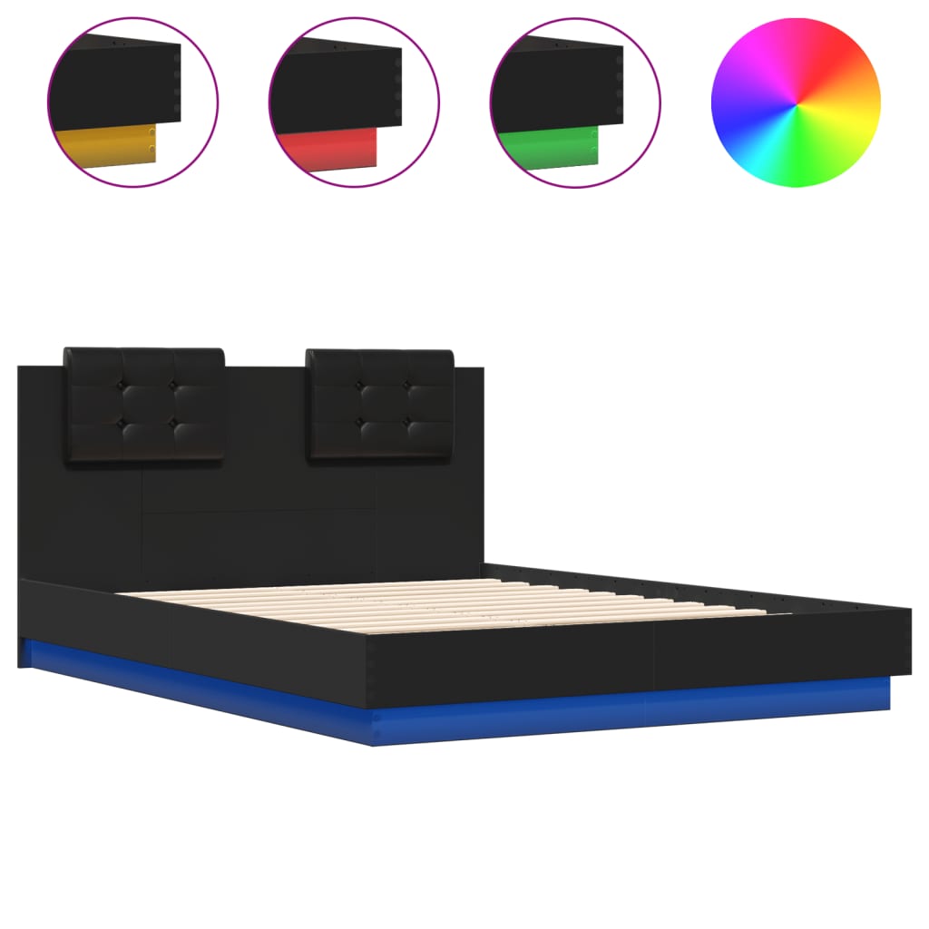 vidaXL Rama łóżka z wezgłowiem i LED, czarna, 140x190 cm