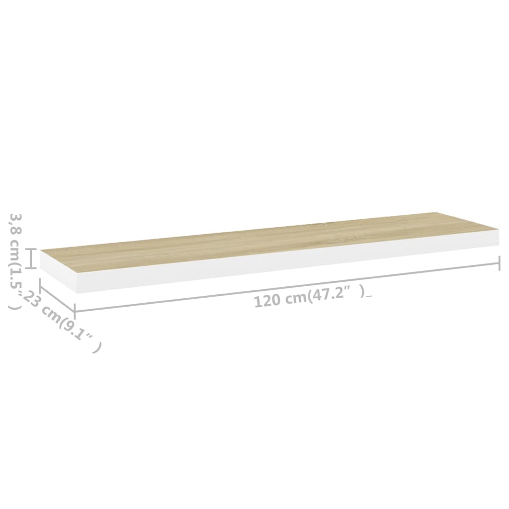 vidaXL Półki ścienne, 2 szt., dębowo-białe, 120 x 23,5 x 3,8 cm, MDF