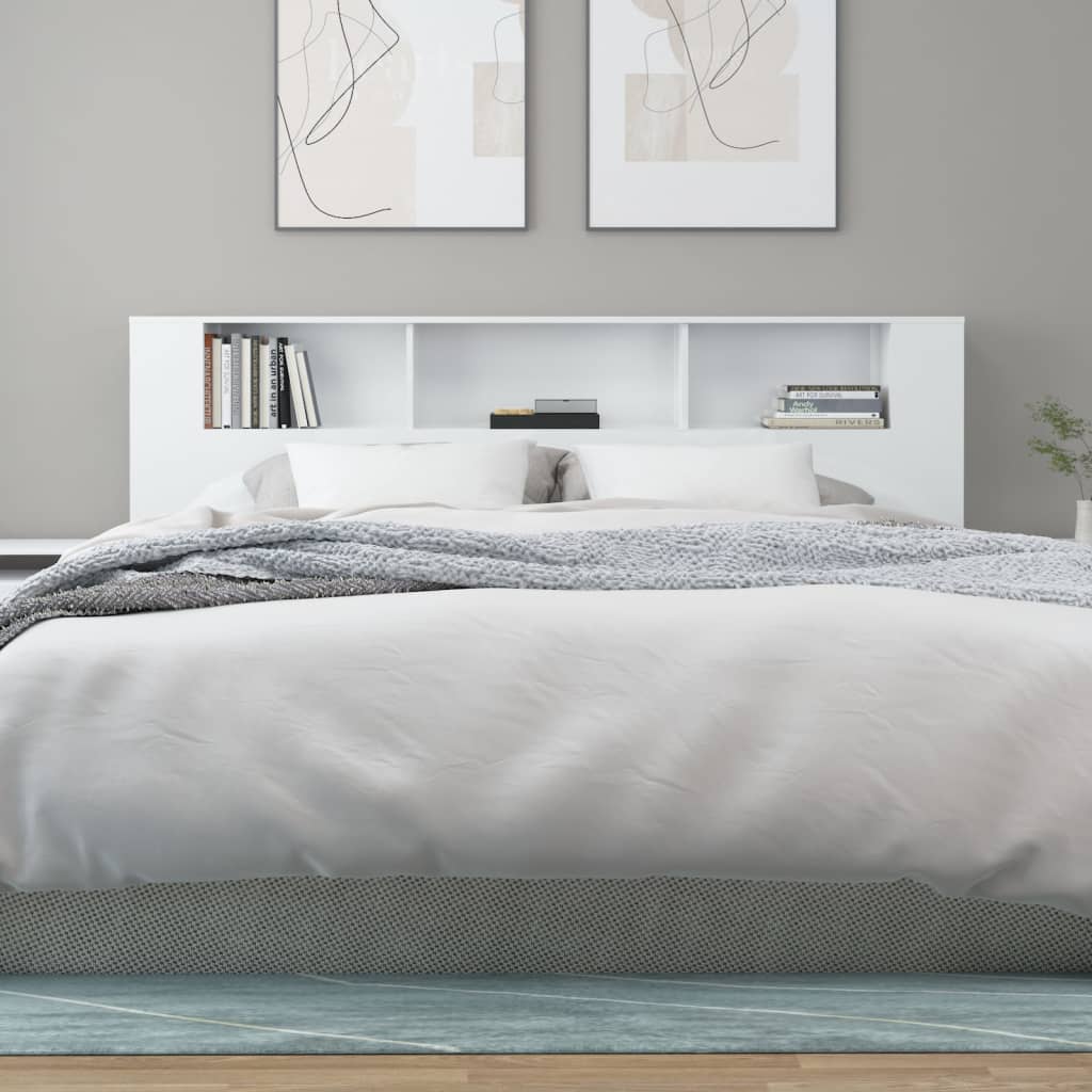 vidaXL Wezgłowie łóżka z półkami, biel z połyskiem, 200x18,5x104,5 cm