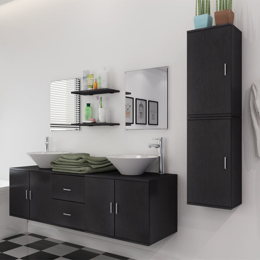 vidaXL 9-częściowy zestaw do łazienki z umywalkami, czarny