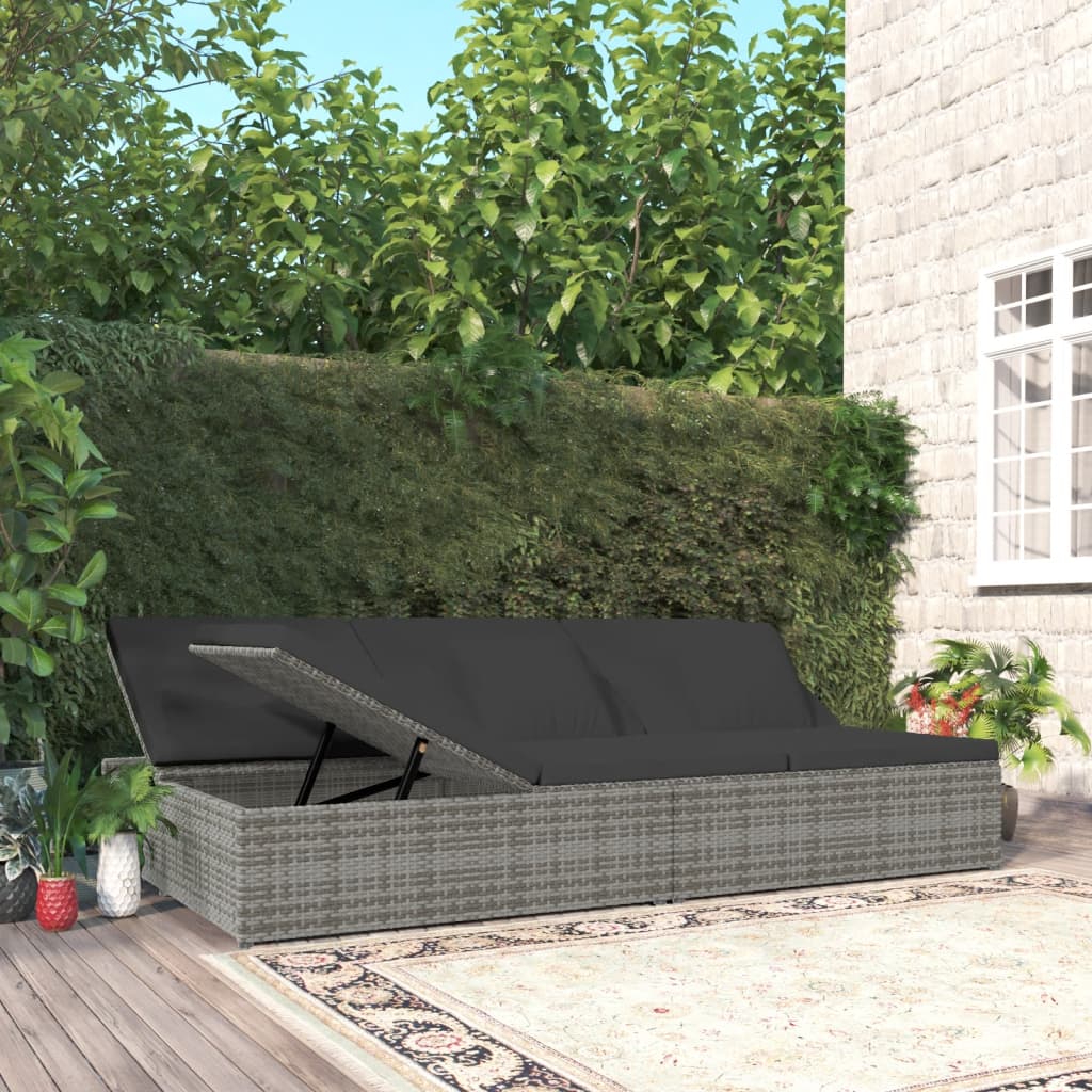 vidaXL Rozkładane łóżko ogrodowe z poduszkami, polirattan, ciemnoszare