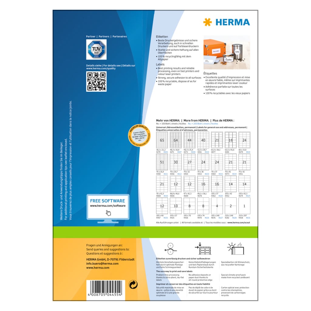 HERMA Etykiety samoprzylepne PREMIUM, 70x25,4 mm, 100 arkuszy A4