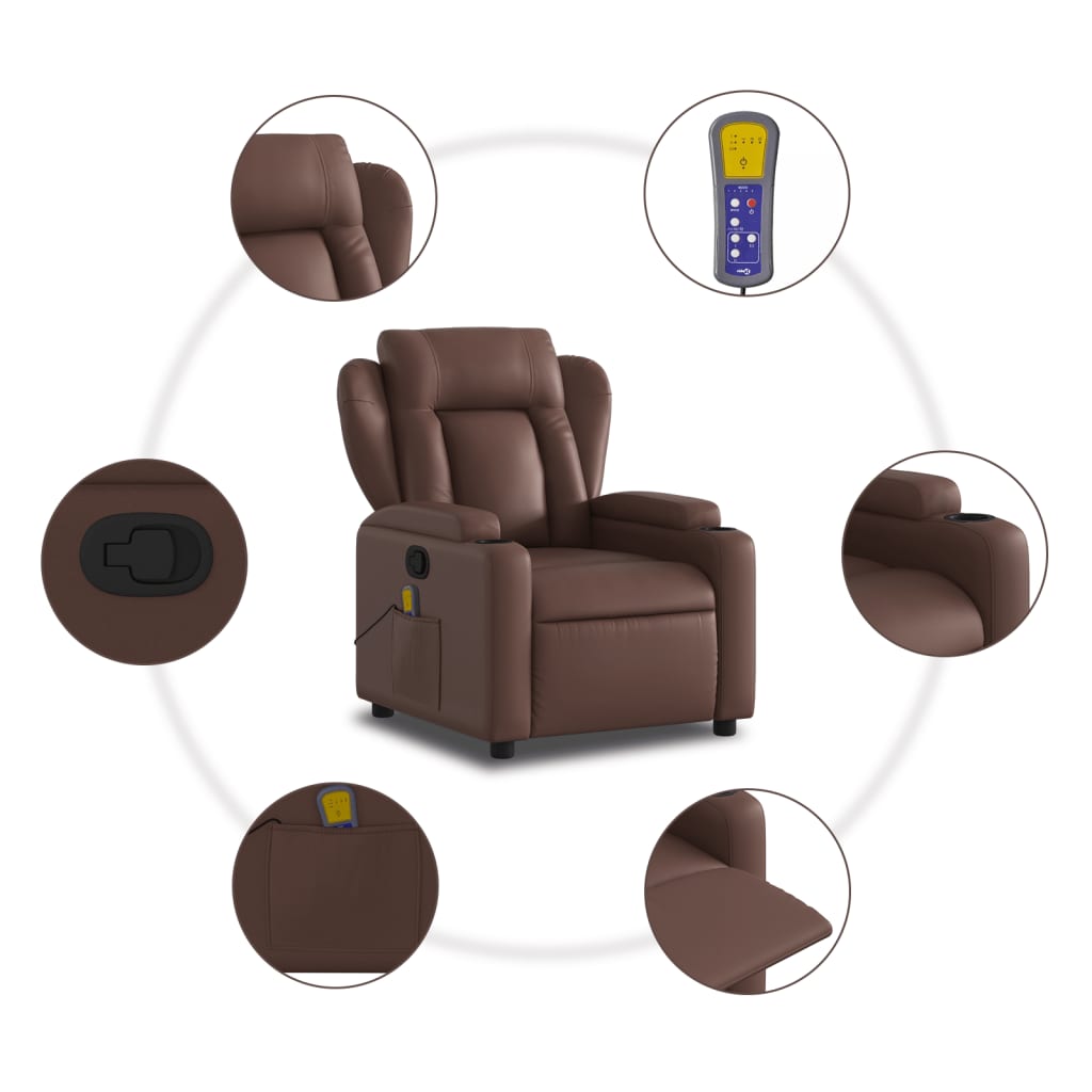 vidaXL Rozkładany fotel masujący, brązowy, obity sztuczną skórą