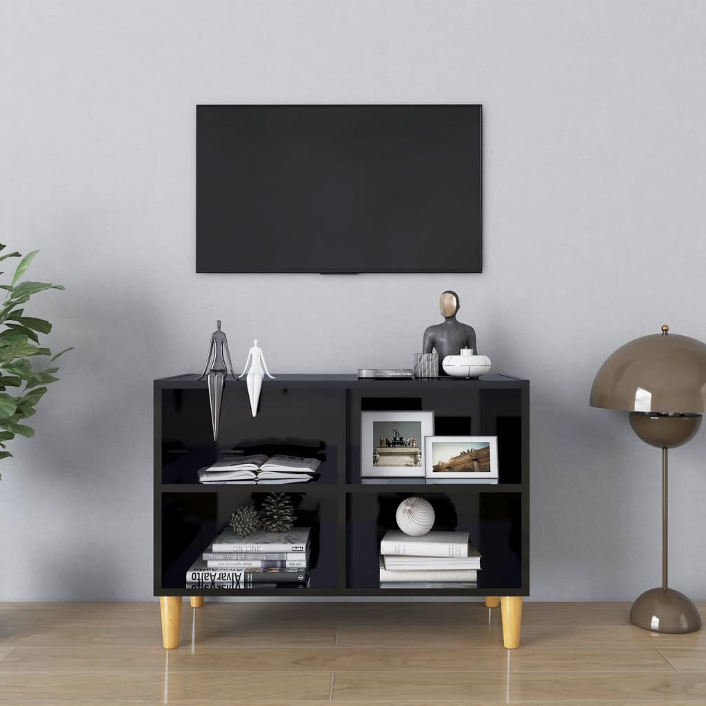 vidaXL Szafka TV z drewnianymi nóżkami, czarna, połysk, 69,5x30x50 cm