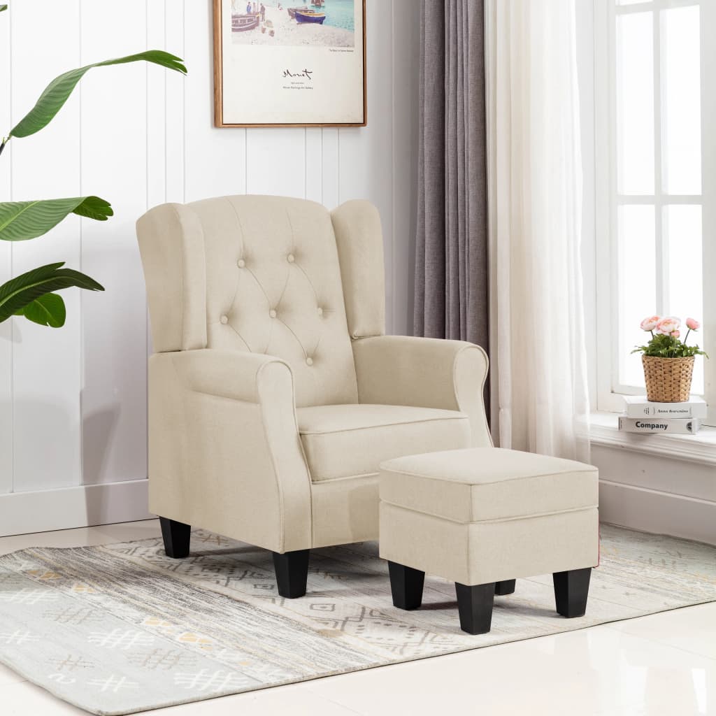 vidaXL Fotel z podnóżkiem, kremowy, tapicerowany tkaniną