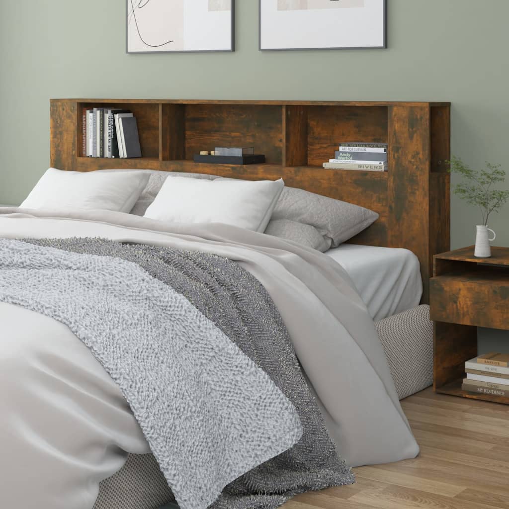 vidaXL Wezgłowie łóżka z półkami, przydymiony dąb, 200x18,5x104,5 cm