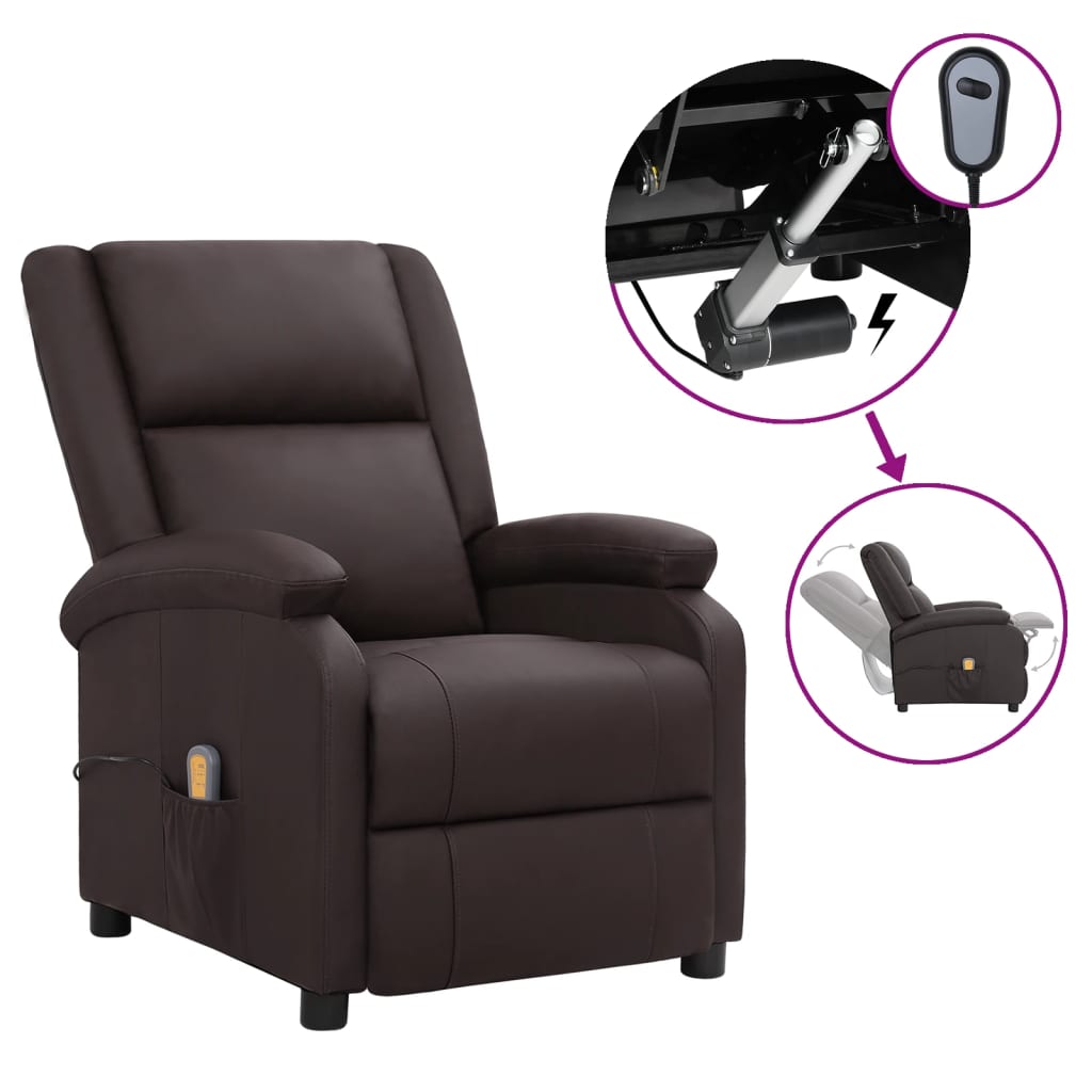 vidaXL Rozkładany fotel masujący, elektryczny, brązowa skóra naturalna