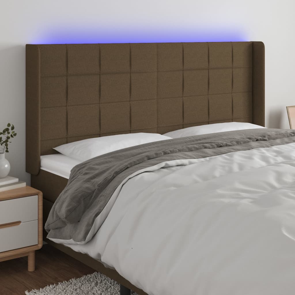 vidaXL Zagłówek do łóżka z LED ciemnobrązowy 183x16x118/128 cm tkanina