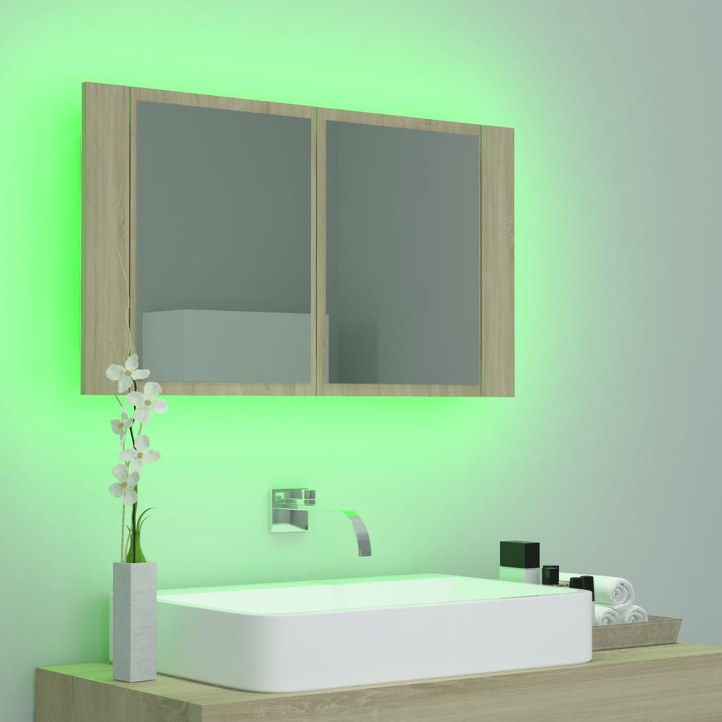 vidaXL Szafka łazienkowa z lustrem i LED, dąb sonoma, 80x12x45, akryl