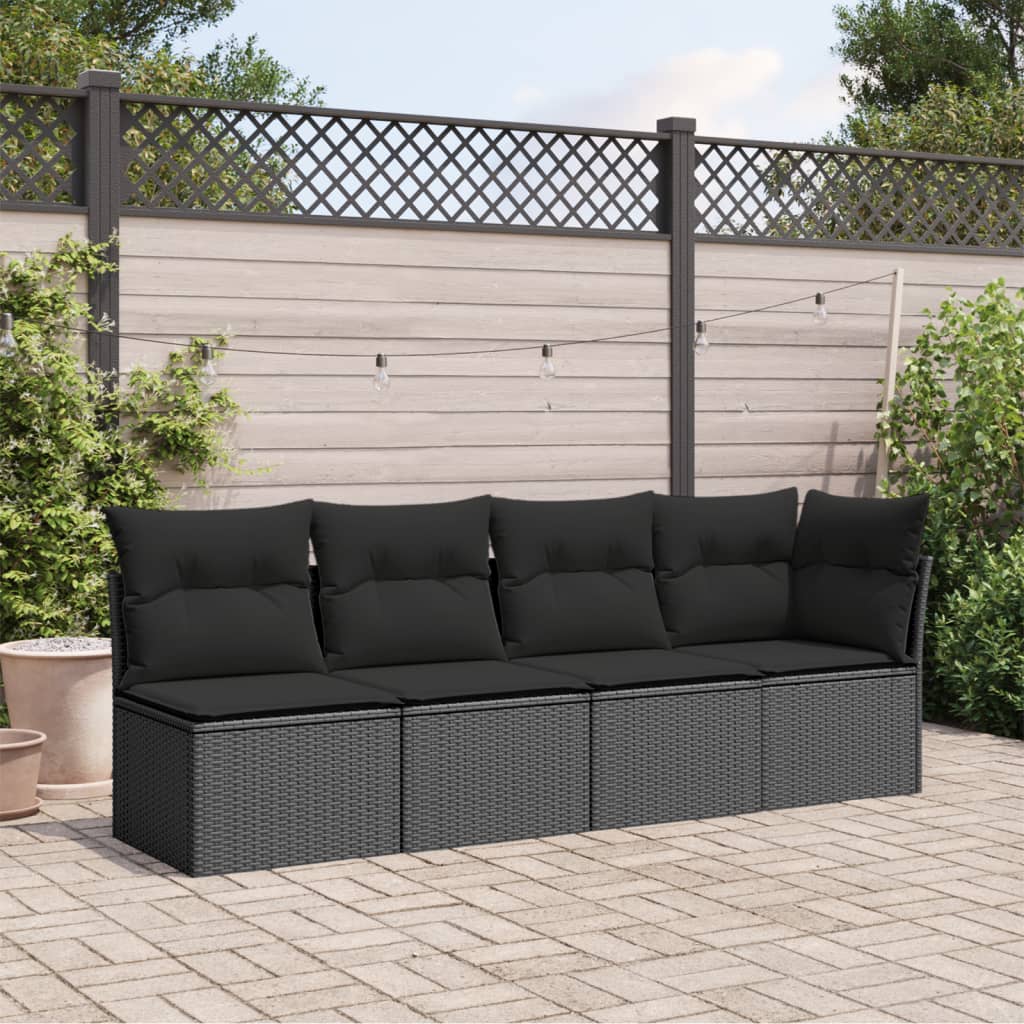 vidaXL Sofa ogrodowa z poduszkami, 4-osobowa, czarna, polirattan