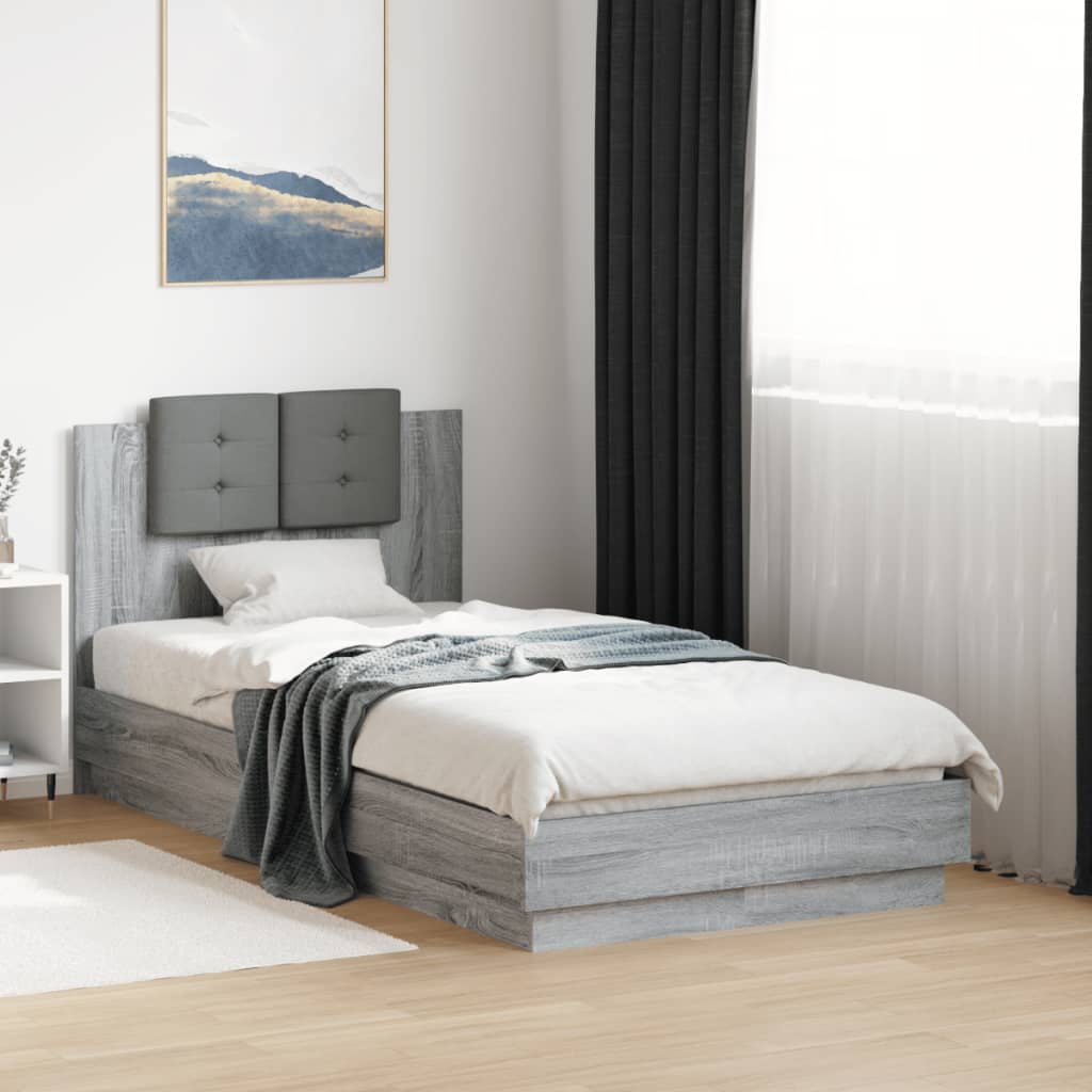 vidaXL Rama łóżka z wezgłowiem i LED, szary dąb sonoma, 75x190 cm