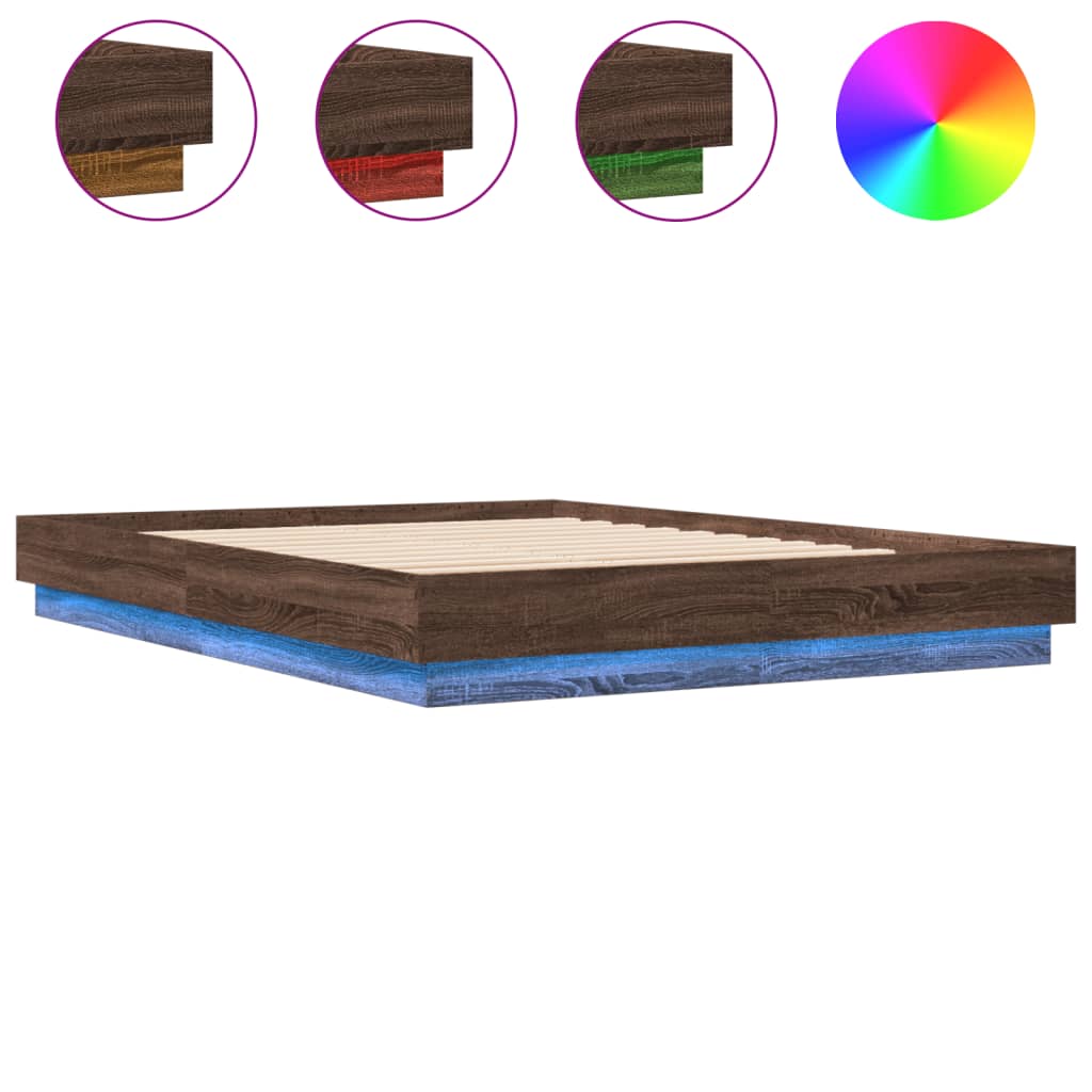 vidaXL Rama łóżka z oświetleniem LED, brązowy dąb, 160x200 cm
