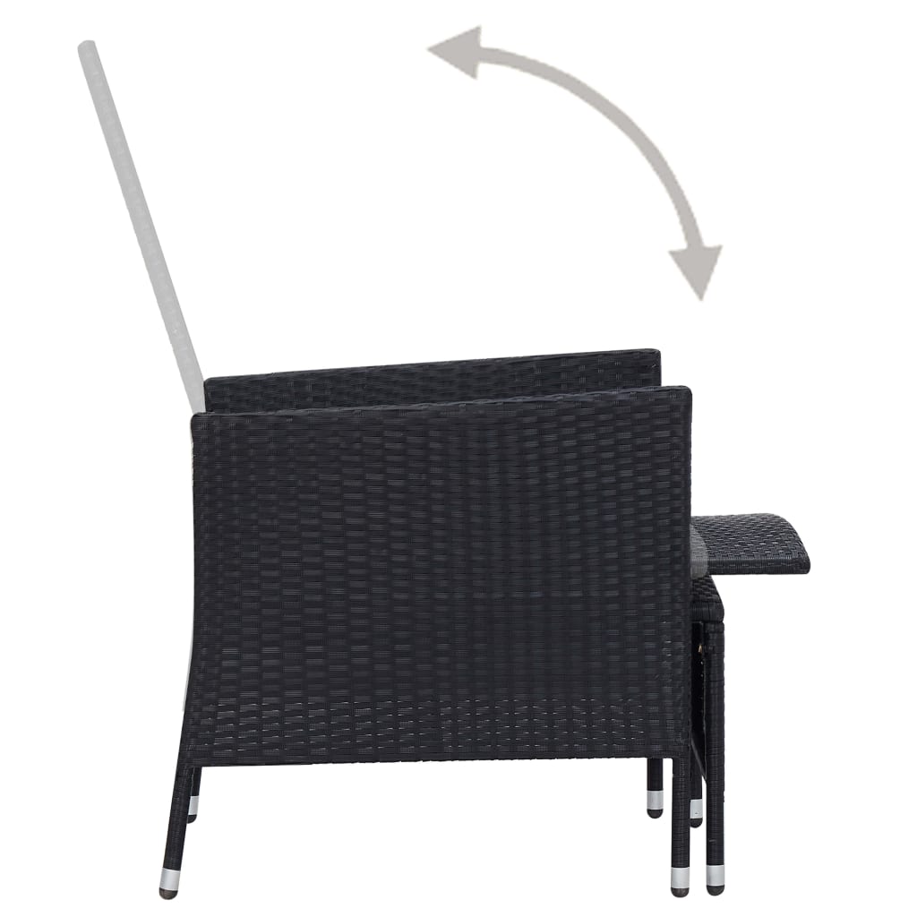 vidaXL Rozkładane krzesło ogrodowe z poduszkami, czarny polirattan
