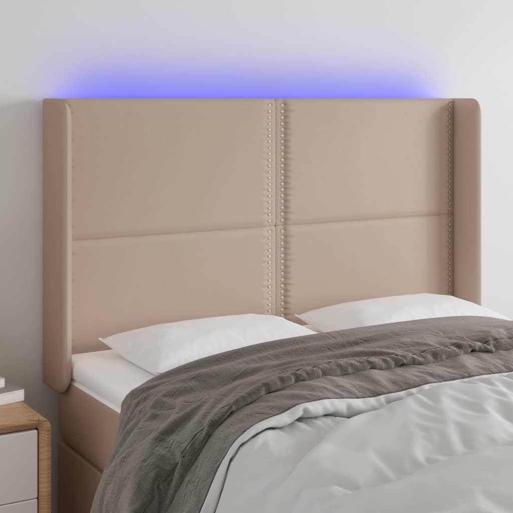 vidaXL Zagłówek do łóżka z LED, cappuccino, 147x16x118/128cm, ekoskóra