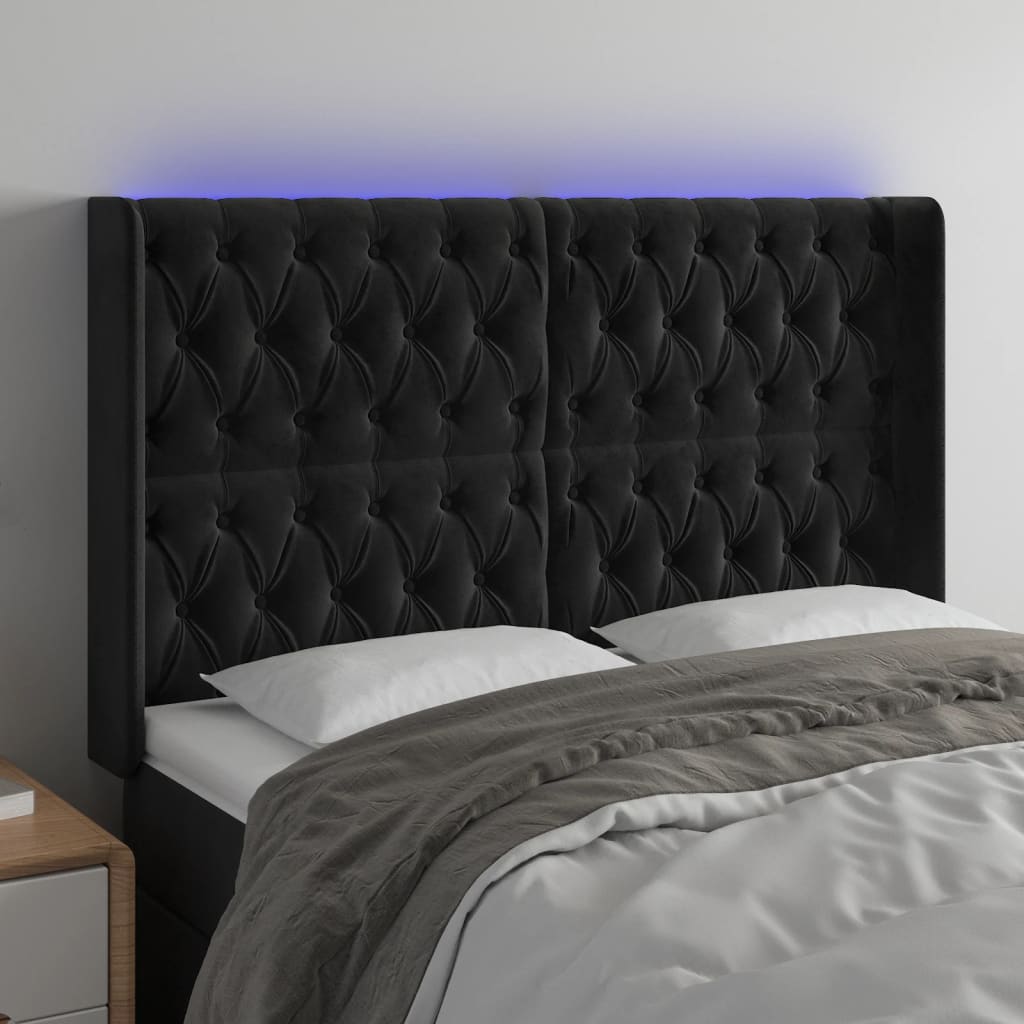 vidaXL Zagłówek do łóżka z LED, czarny, 163x16x118/128 cm, aksamit
