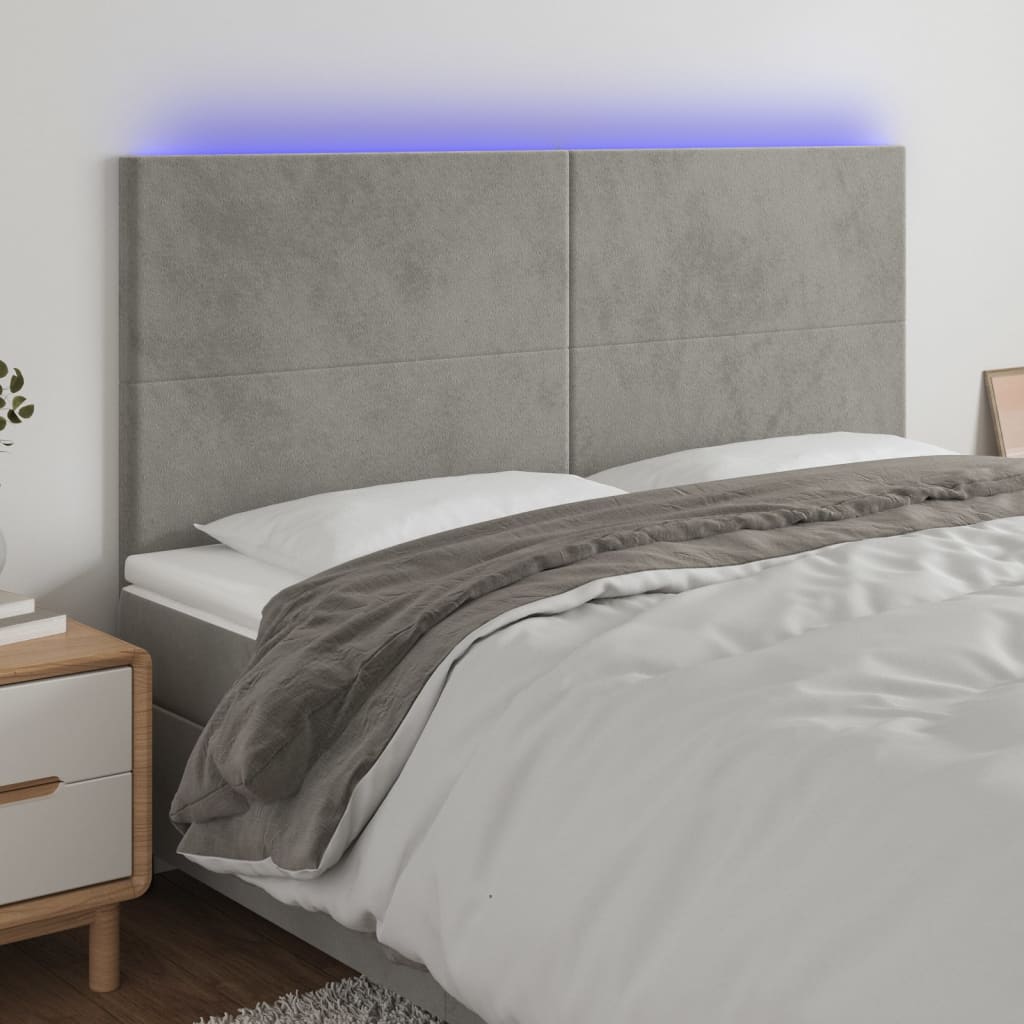 vidaXL Zagłówek do łóżka z LED, jasnoszary, 200x5x118/128 cm, aksamit