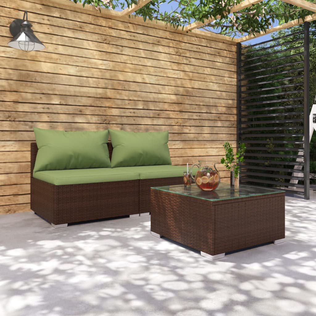 vidaXL 3-cz. zestaw wypoczynkowy do ogrodu, poduszki, rattan PE, brąz