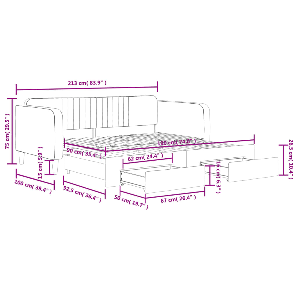 vidaXL Sofa rozsuwana z szufladami, jasnoszara, 90x190 cm, aksamit