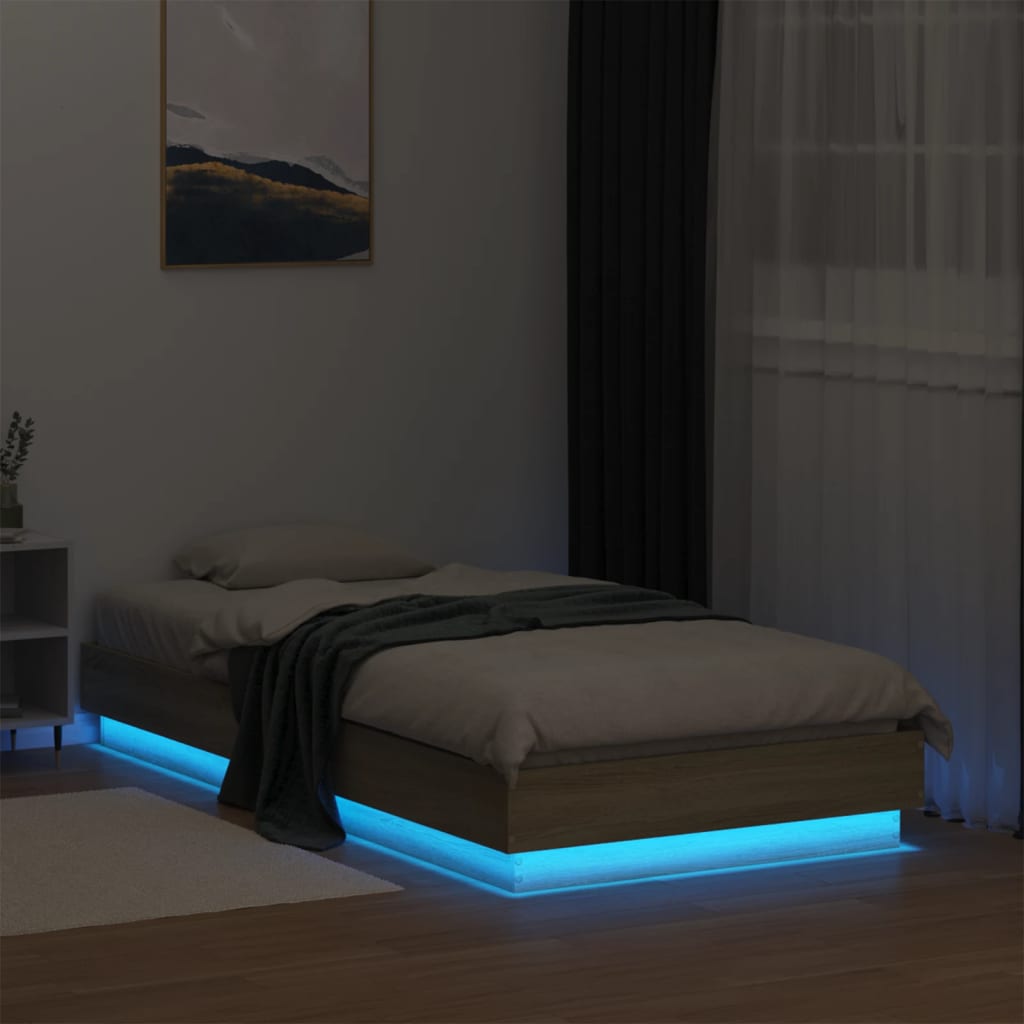 vidaXL Rama łóżka z oświetleniem LED, dąb sonoma, 90x190 cm