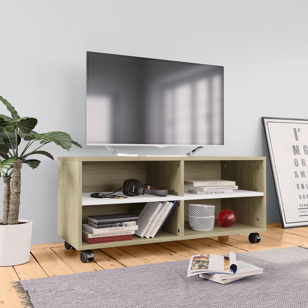 vidaXL Szafka pod TV z kółkami, biel i dąb sonoma, 90x35x35 cm