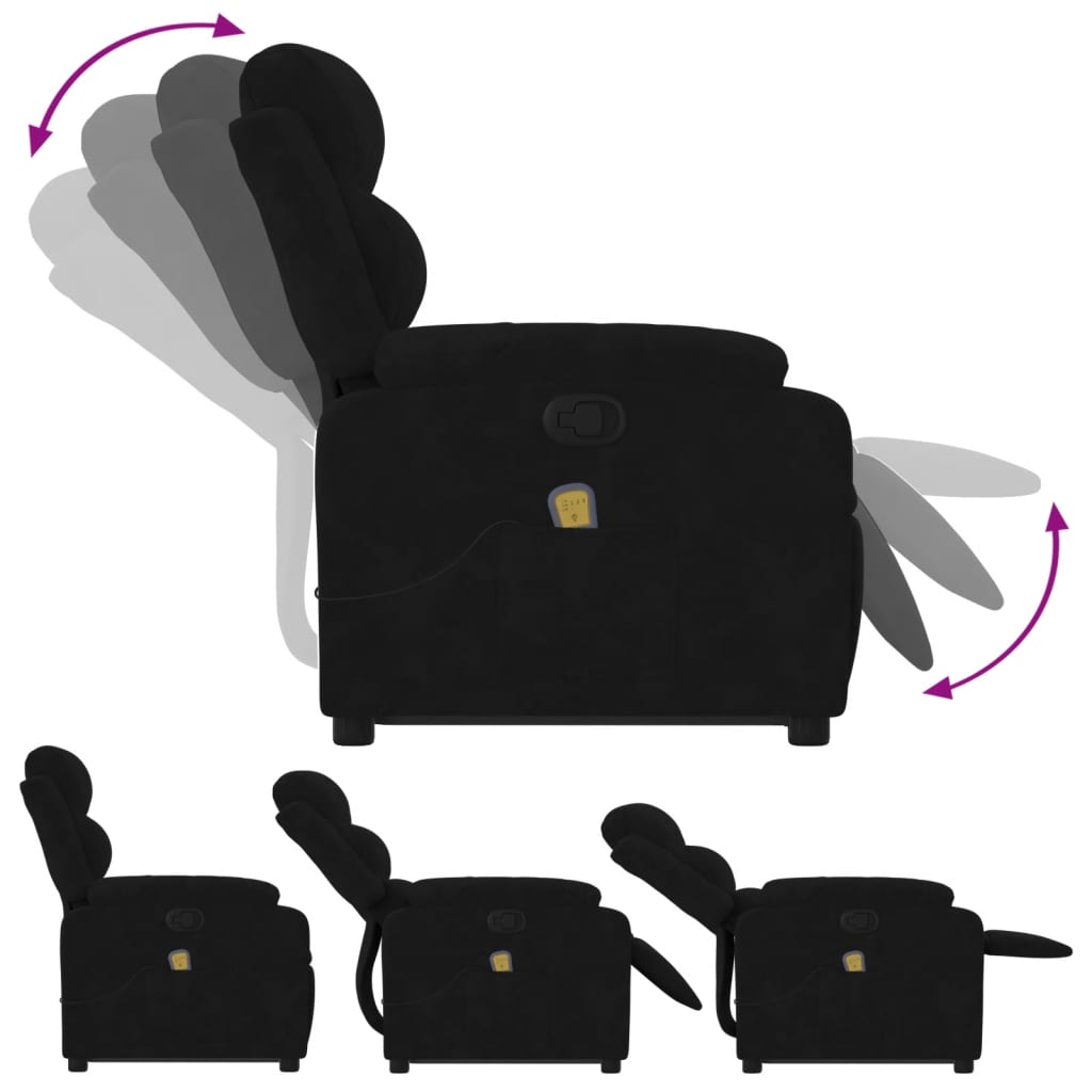 vidaXL Rozkładany fotel masujący, podnoszony, czarny, aksamitny