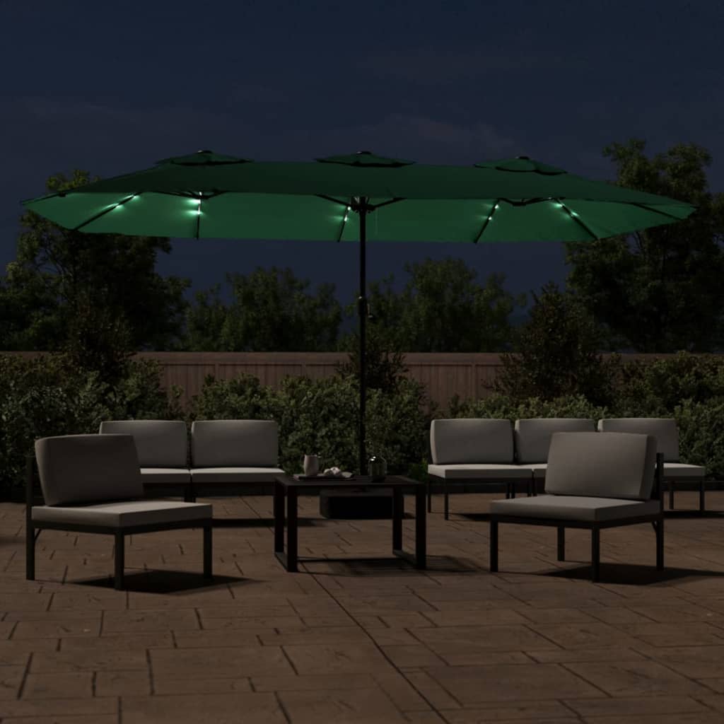vidaXL Podwójny parasol ogrodowy z LED, zielony, 449x245 cm