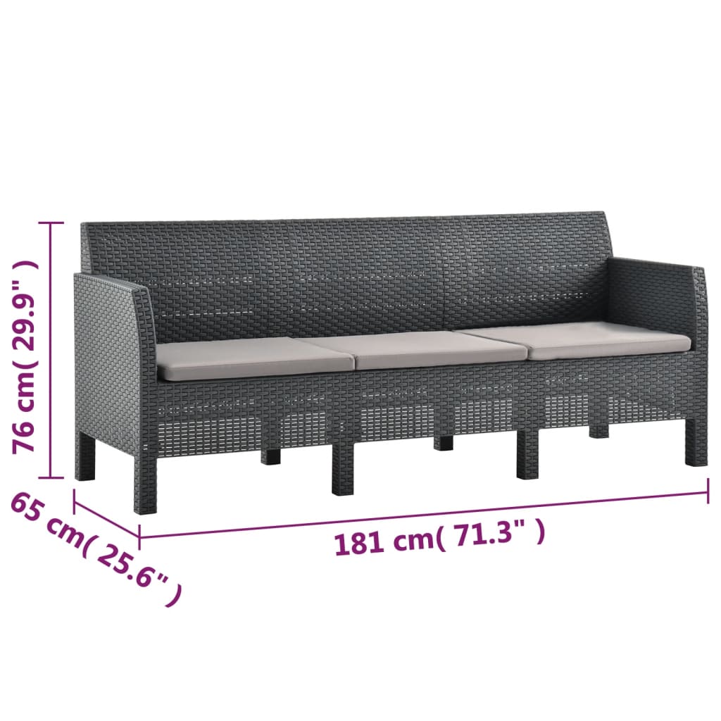 vidaXL 3-osobowa sofa ogrodowa z poduszkami, antracytowa, rattan PP