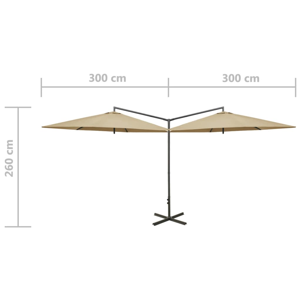 vidaXL Podwójny parasol na stalowym słupku, taupe, 600 cm