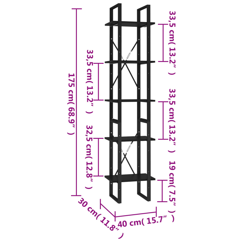 vidaXL 5-poziomowy regał na książki, czarny, 40x30x175 cm