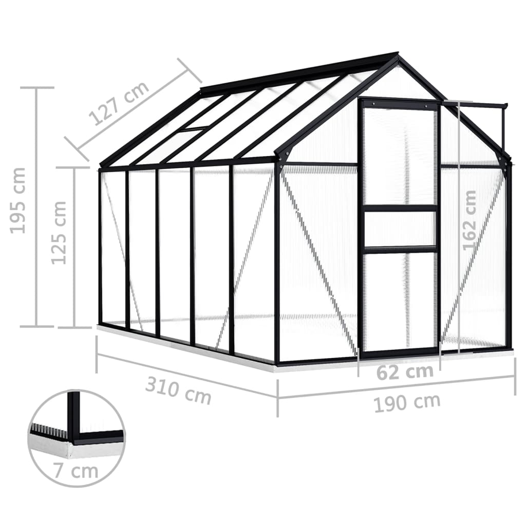 vidaXL Szklarnia z ramą podstawy, antracytowa, aluminium, 5,89 m²