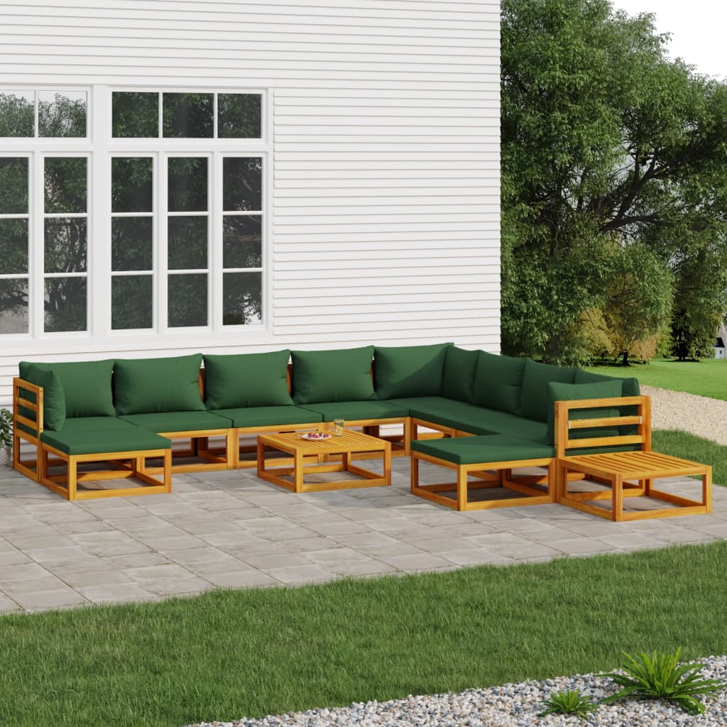 vidaXL 12-cz. zestaw wypoczynkowy do ogrodu, zielone poduszki, drewno
