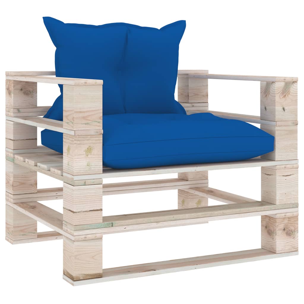 vidaXL Sofa środkowa z palet, z niebieskimi poduszkami, drewno sosnowe