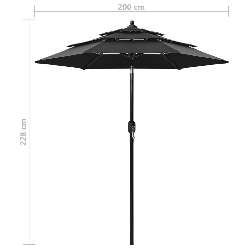 vidaXL 3-poziomowy parasol na aluminiowym słupku, czarny, 2 m