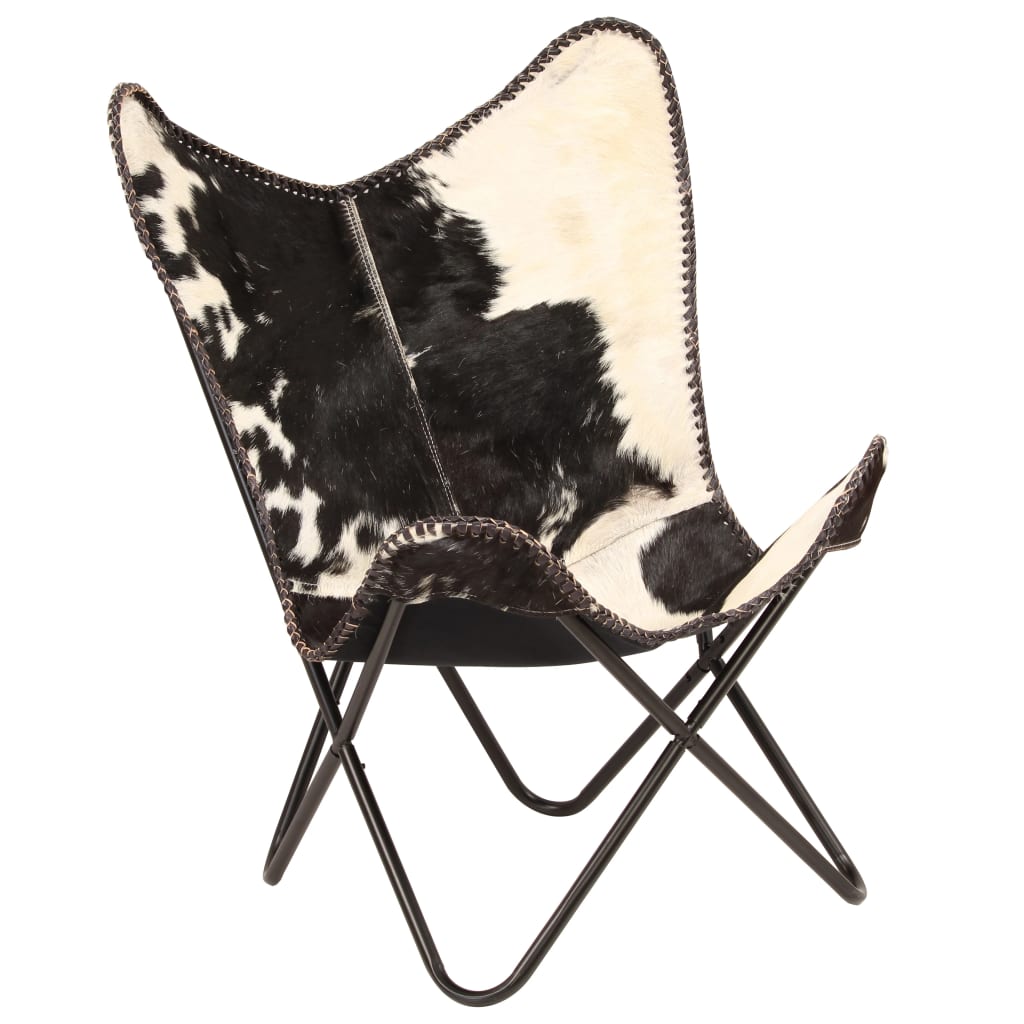 vidaXL Krzesło motyl, czarno-białe, naturalna kozia skóra