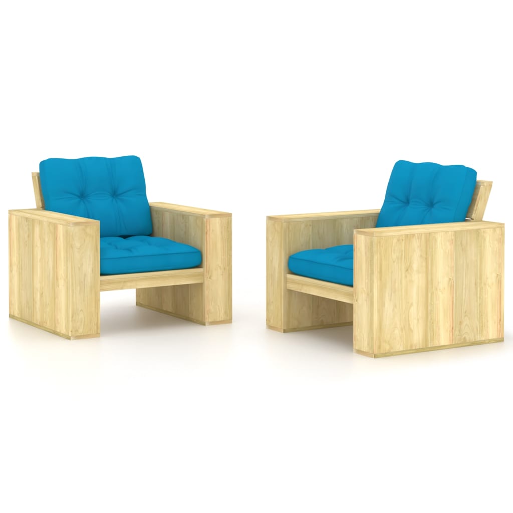 vidaXL Krzesła ogrodowe z niebieskimi poduszkami, 2 szt., drewniane