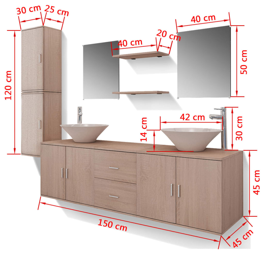 vidaXL 11-cz. zestaw do łazienki z umywalkami i kranami, beżowy